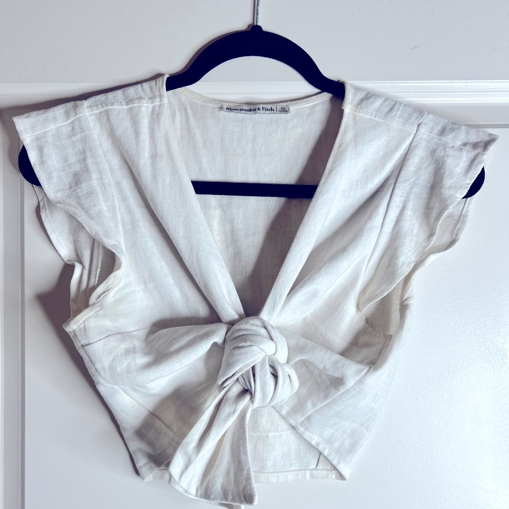 Abercrombie & Fitch Tie Front Linen Blend Ruffle Sleeve Blouse in White sz XS